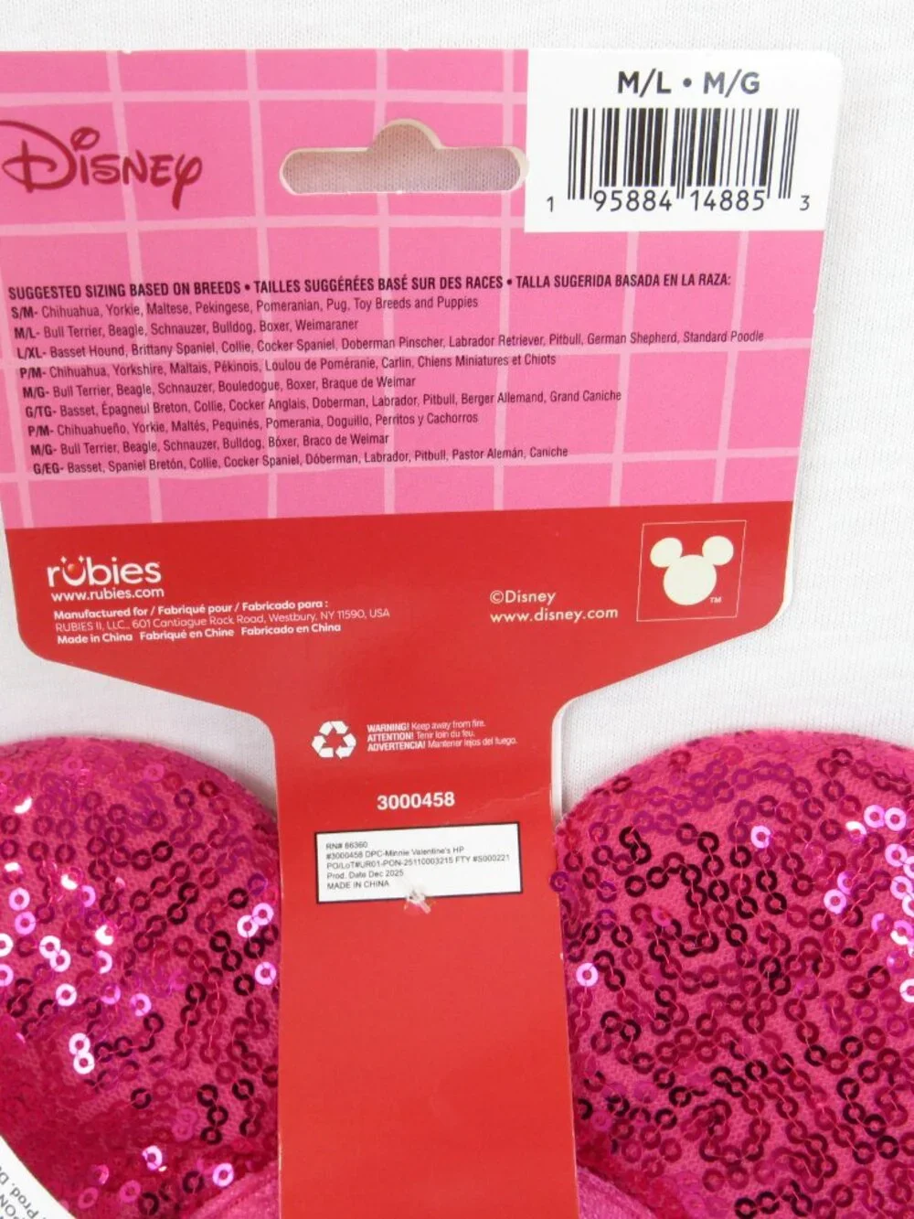 Rubies Pets Minnie Ears Valentines for Dogs Pink Ears Pooch Headpiece Size M/L